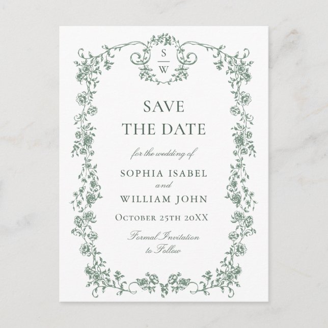 Elegant Green French Toile Wedding Save the Date Postcard (Front)