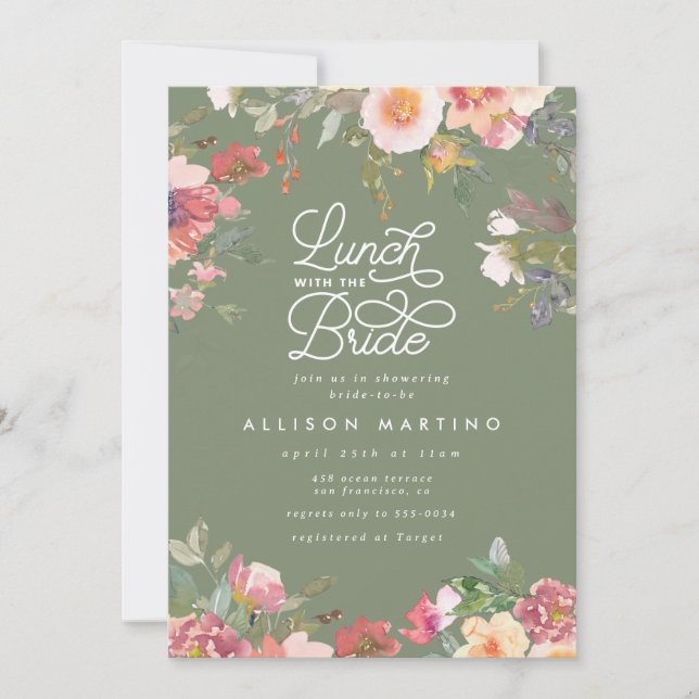 Elegant Green Garden Floral Bridal Shower Lunch Invitation (Front)