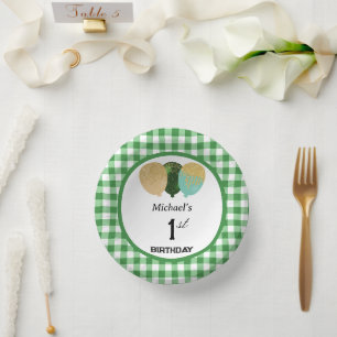 Elegant Green Gingham & Balloons 1st Birthday Paper Plate