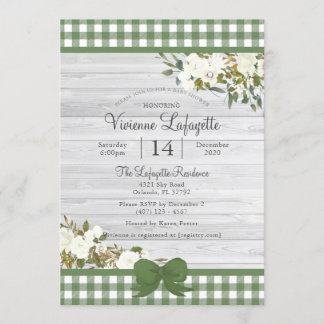 Elegant Green Gingham Floral Baby Shower Invitation