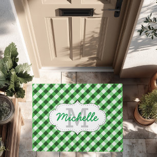 Elegant Green Gingham Pattern Personalised Name Doormat