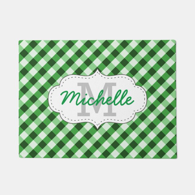 Elegant Green Gingham Pattern Personalised Name Doormat (Front)