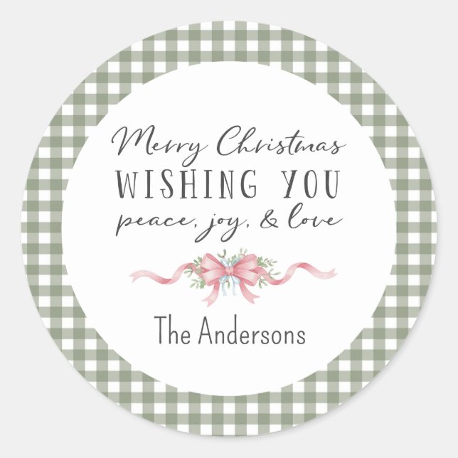 Elegant Green Gingham Plaid Preppy Christmas Classic Round Sticker (Front)
