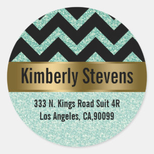 Elegant Green Glitter Black Chevron Gold Accents Classic Round Sticker