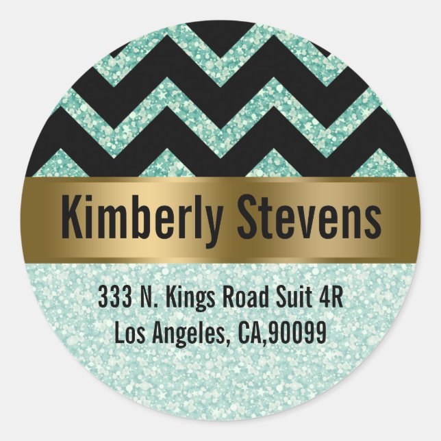 Elegant Green Glitter Black Chevron Gold Accents Classic Round Sticker (Front)