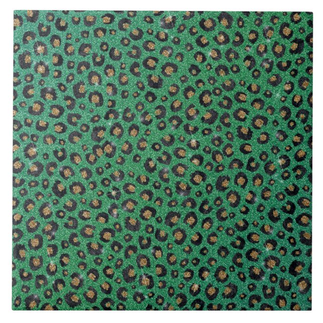 Elegant Green Glitter Black Gold Leopard Print  Ceramic Tile (Front)