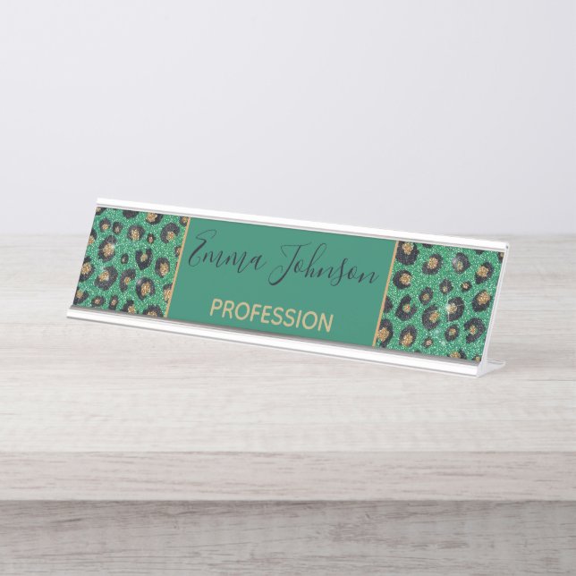Elegant Green Glitter Black Gold Leopard Print  Desk Name Plate (Front)