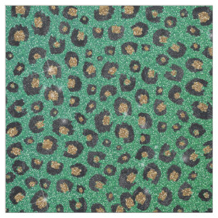 Elegant Green Glitter Black Gold Leopard Print Fabric