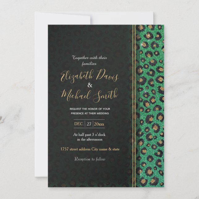 Elegant Green Glitter Black Gold Leopard Print  Invitation (Front)