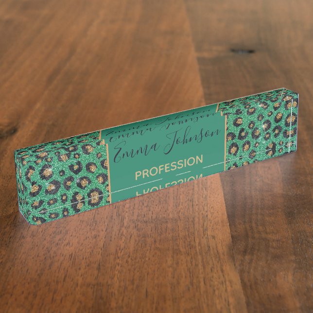 Elegant Green Glitter Black Gold Leopard Print  Nameplate (Side)