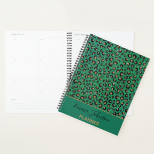 Elegant Green Glitter Black Gold Leopard Print  Planner