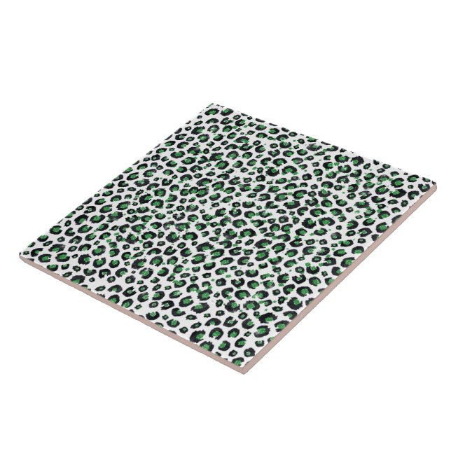 Elegant Green Glitter Black Leopard Animal Print Ceramic Tile (Side)