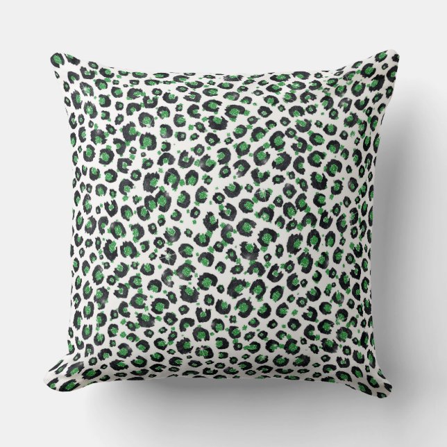Elegant Green Glitter Black Leopard Animal Print Cushion (Front)