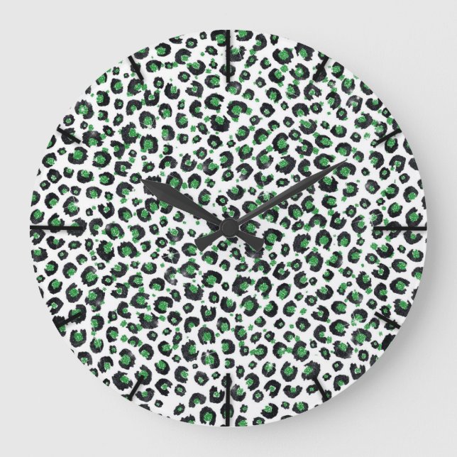 Elegant Green Glitter Black Leopard Animal Print Large Clock (Front)