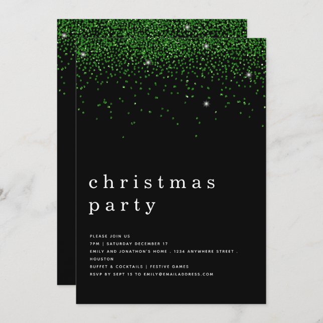 Elegant Green Glitter Christmas Party Black Invitation (Front/Back)
