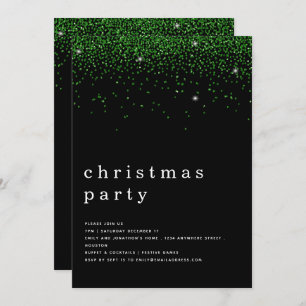 Elegant Green Glitter Christmas Party Black Invitation