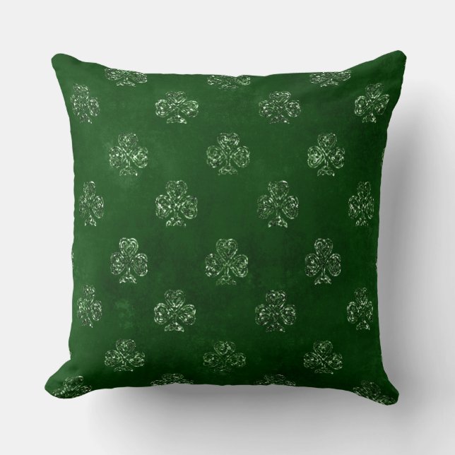 Elegant Green Glitter Irish Shamrock Clover Cushion (Front)