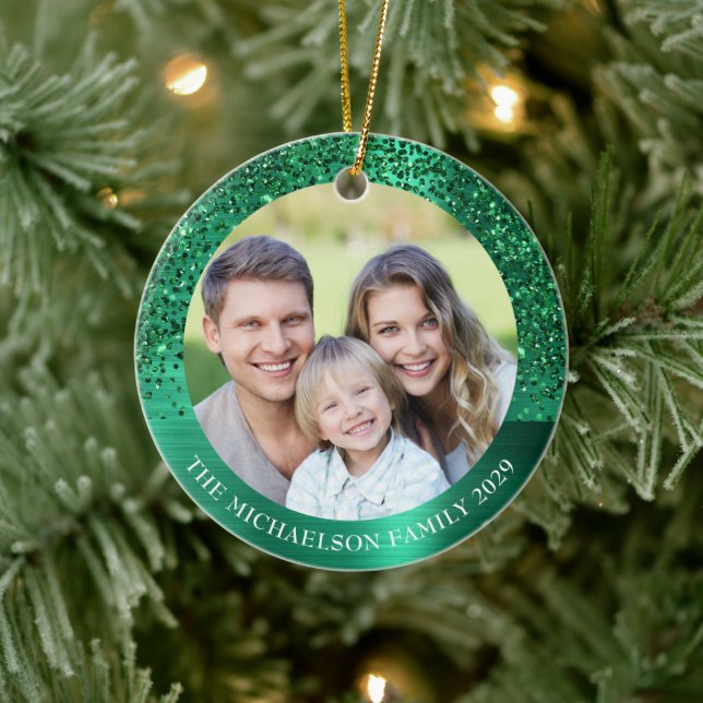 Elegant Green Glitter Photo Metallic Christmas Ceramic Ornament (Tree)