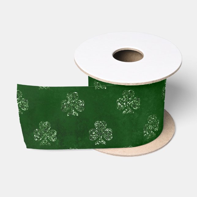 Elegant Green Glitter Shamrock Pattern Satin Ribbon (Spool)