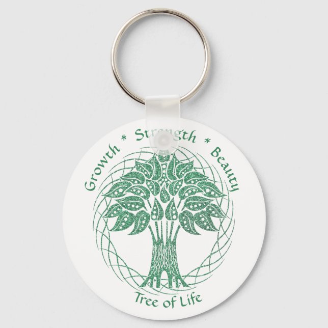 Elegant Green Glitter Tree of Life Growth Strength Key Ring (Front)