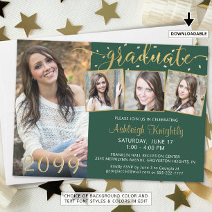 Elegant Green Gold 4 Photo Confetti Graduate Invitation