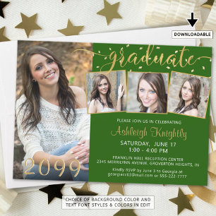 Elegant Green Gold 4 Photo Confetti Graduate  Invitation