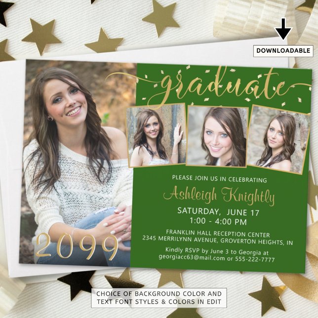 Elegant Green Gold 4 Photo Confetti Graduate  Invitation (Creator Uploaded)