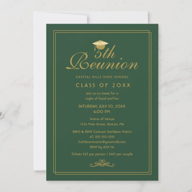 Elegant Green Gold 5th Class Reunion Invitation (Front)