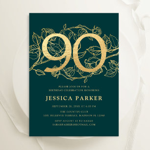 Elegant Green Gold 90th Birthday Invitation