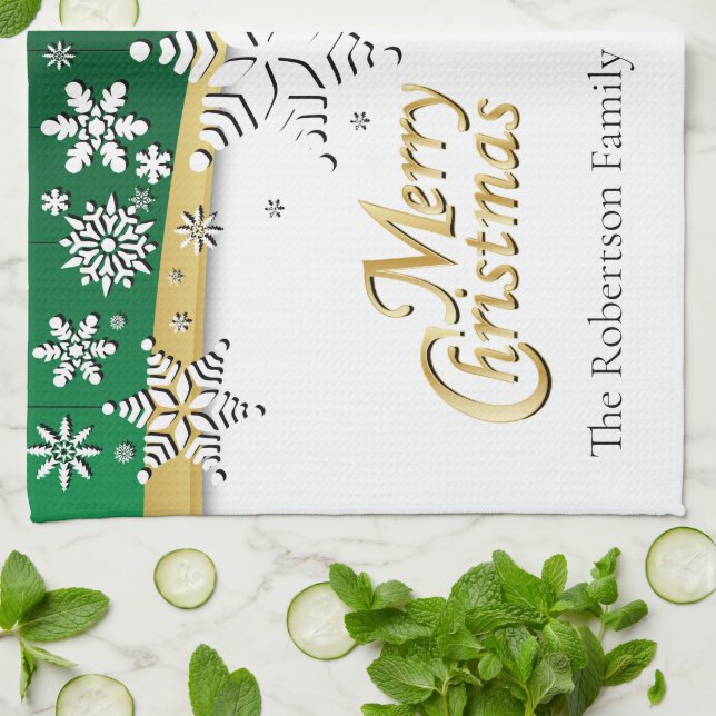 Elegant Green, Gold and White Christmas Tea Towel (Folded)
