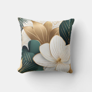 Elegant Green Gold and White Floral Cushion