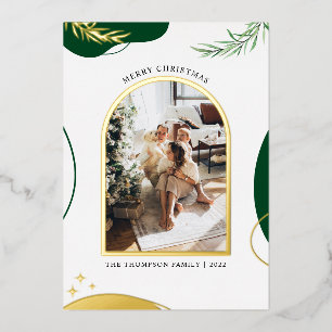 Elegant Green Gold Arch Watercolor Merry Christmas Foil Holiday Card