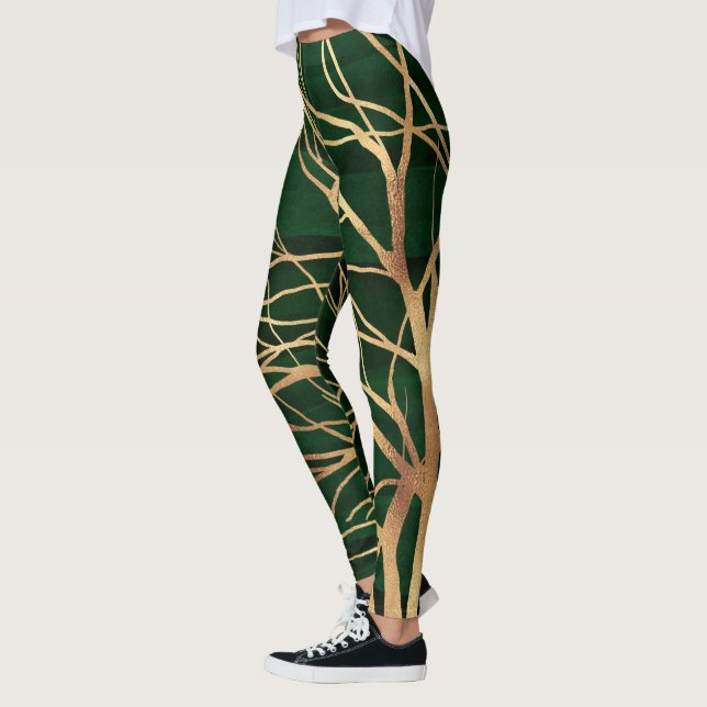 Elegant Green Gold Autumn Tree Drawing Leggings (Left)