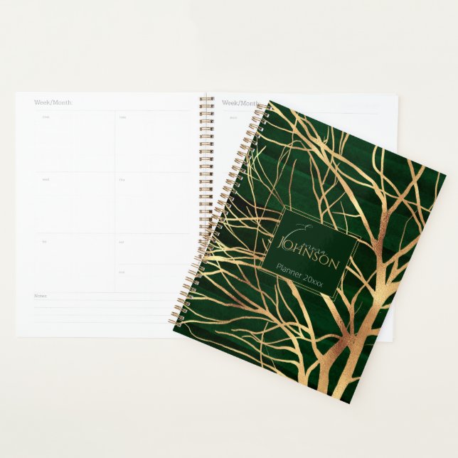 Elegant Green Gold Autumn Tree Drawing Planner (Display)