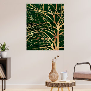 Elegant Green Gold Autumn Tree Drawing Poster