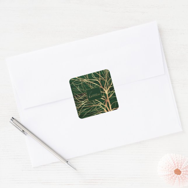 Elegant Green Gold Autumn Tree Drawing Square Sticker (Envelope)
