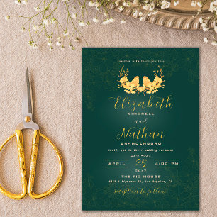 Elegant Green & Gold Birds Floral Wedding Invitation