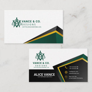 Elegant Green Gold Black Architect Interior Design Business Card
