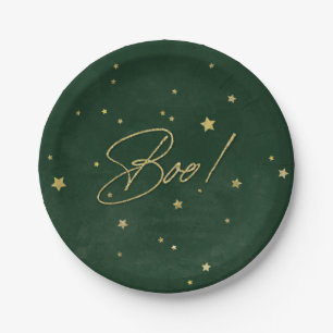 Elegant Green/Gold Boo! Halloween Party Paper Plate