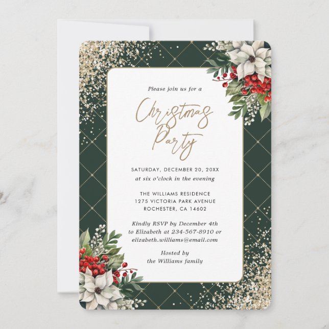 Elegant Green Gold Botanical Christmas Party Invitation (Front)