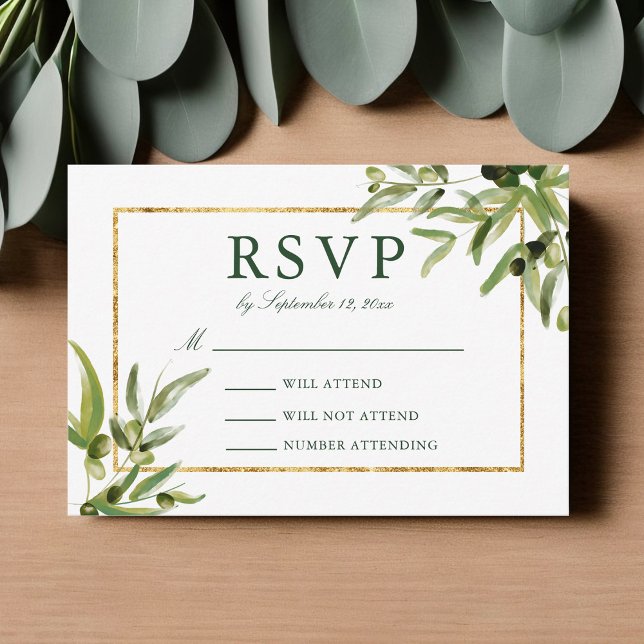 Elegant Green Gold Botanical Vine Wedding RSVP Card (Creator Uploaded)