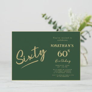 Elegant Green Gold Brush Script 60th Birthday Invitation