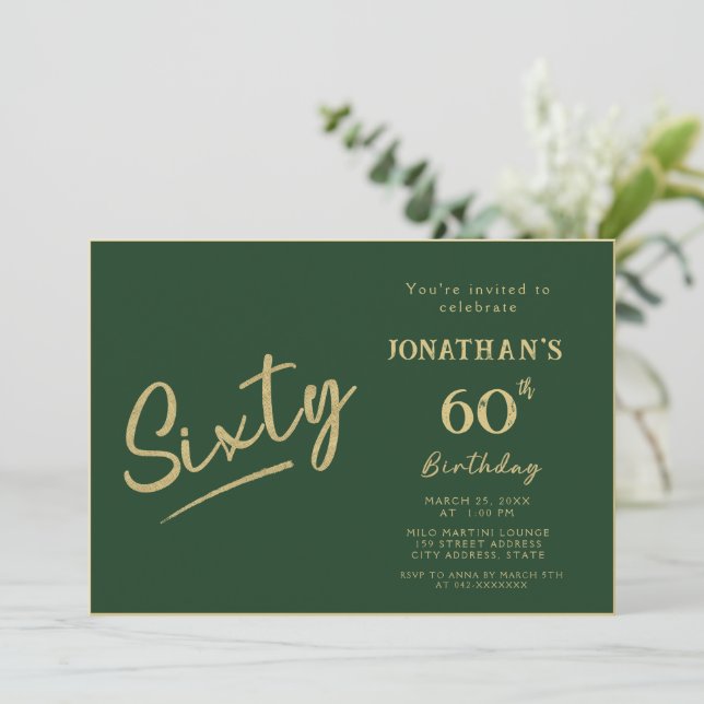 Elegant Green Gold Brush Script 60th Birthday Invitation (Standing Front)