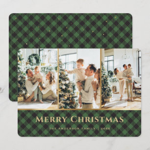 Elegant Green Gold Buffalo Plaid Photo Christmas Holiday Card