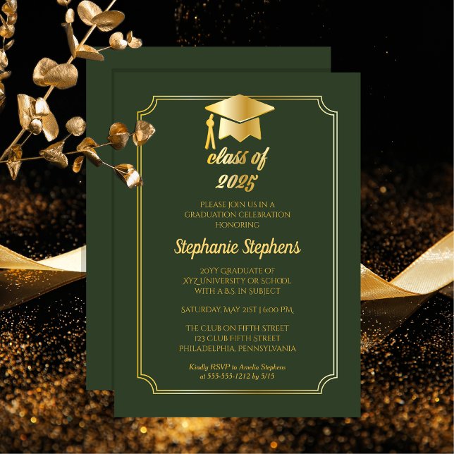 Elegant Green | Gold Cap College Graduation Party Invitation (Elegant Green and Gold Tone Grad Cap College | University Graduation Announcement and Party Invite)