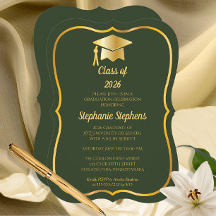 Elegant Green   Gold Cap Graduation Party Invitation
