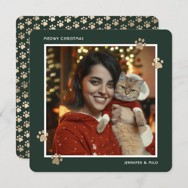 Elegant Green Gold Cat Owner Photo Meowy Christmas Holiday Card (Front/Back)