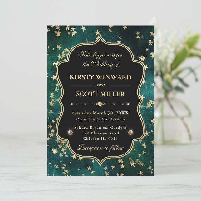 Elegant Green & Gold Celestial Starry Wedding Invitation (Standing Front)