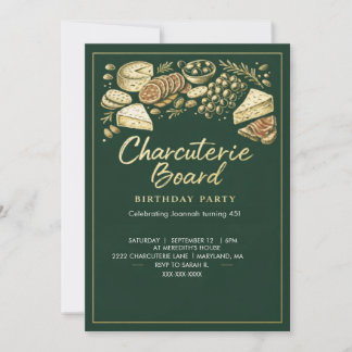 Elegant Green & Gold Charcuterie Board Birthday Invitation