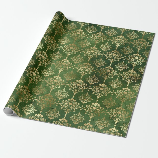 Elegant green & gold Christmas damask pattern Wrapping Paper (Unrolled)